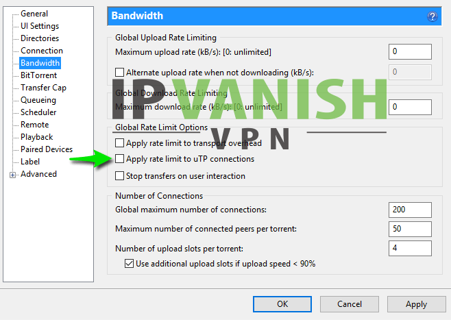 uTorrent rate limit instellingen IPVanish