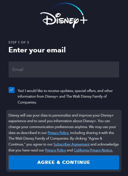 Disney Plus Subscription step1 of 3