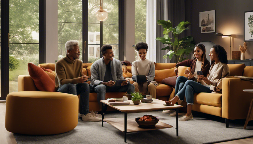 An image showcasing a diverse group of people in a cozy living room, engrossed in streaming content on various devices, highlighting the seamless connection and entertainment experience provided by streaming services in the Netherlands by 2023