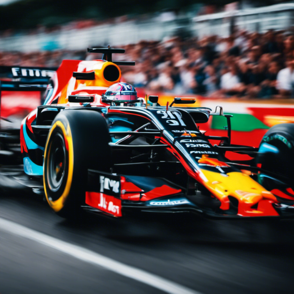 An image capturing the exhilarating essence of F1 Terugkijken: vividly depict a speeding Formula 1 car, sleek and aerodynamic, zooming past a cheering crowd, leaving a trail of vibrant colors in its wake