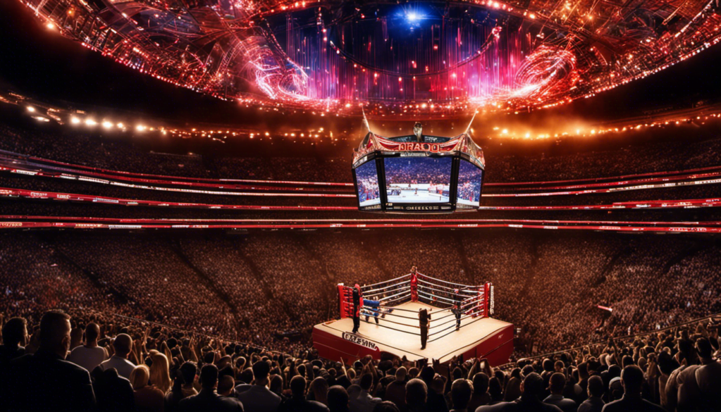 An image showcasing a grand boxing ring draped in vibrant lights, surrounded by a packed stadium filled with roaring fans, capturing the anticipation of the upcoming Canelo vs