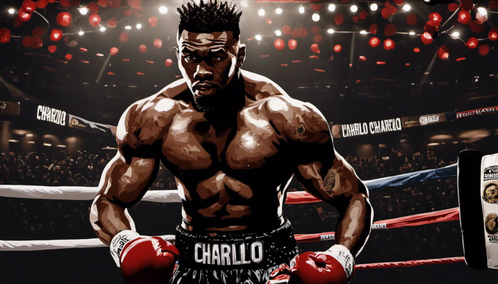 An image capturing Charlo's fearless ascent to the 168-pound division, showcasing his determination through a striking silhouette against a backdrop of boxing gloves and weightlifting equipment, symbolizing his preparation for the high-stakes battle