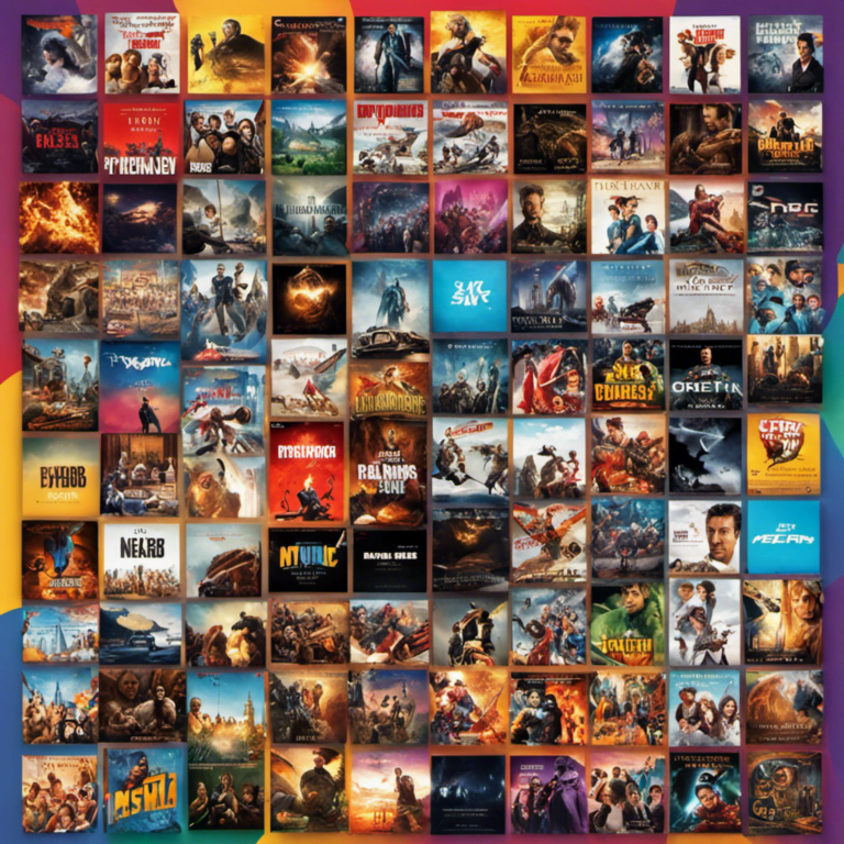 An image showcasing a vibrant collage of popular movie genres, featuring captivating visuals of diverse films and a dynamic mix of iconic characters