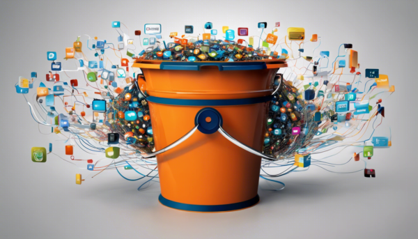 Ate a stylized bucket filled with digital elements representing communication and networking, set against a background symbolizing global connections and technology